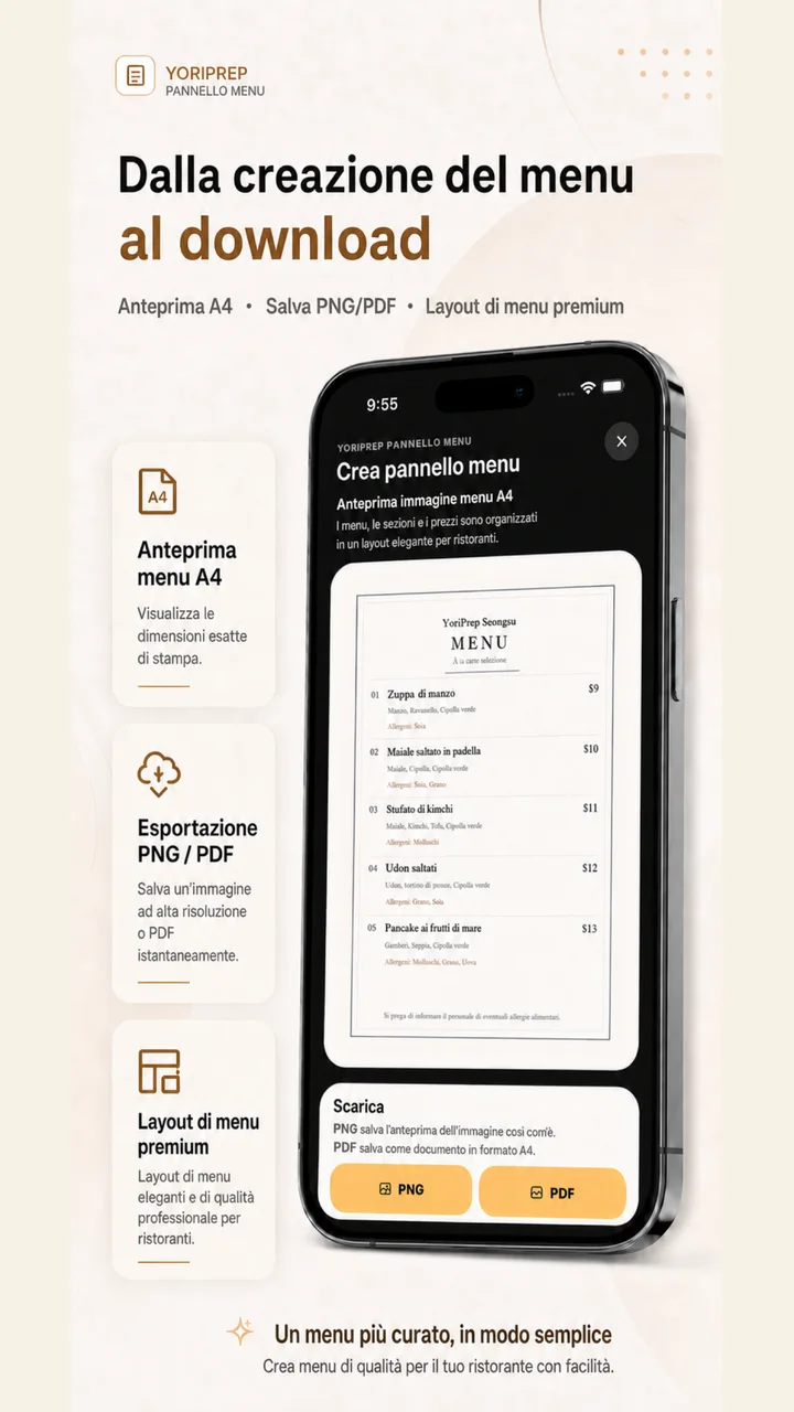 Creazione di un menu e salvataggio PNG o PDF in YoriPrep
