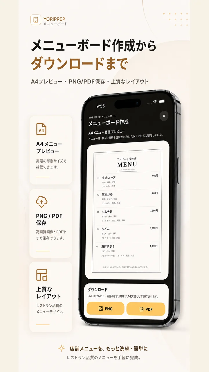 YoriPrepでメニューボードを作成しPNGまたはPDFで保存する画面