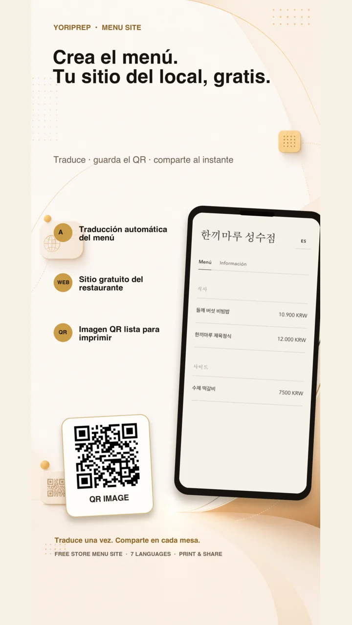 Sitio de menú YoriPrep en siete idiomas con QR listo para imprimir